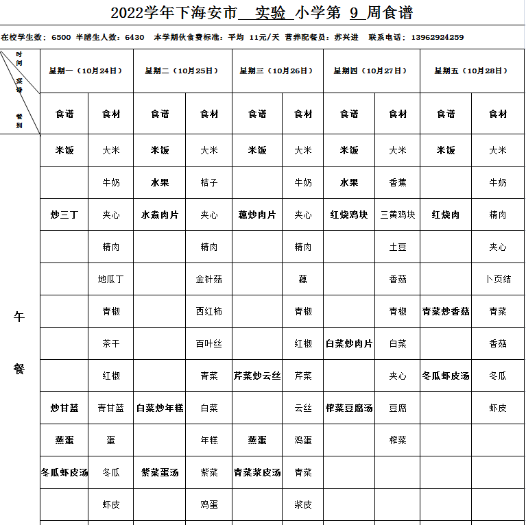 恒信彩2022下第9周营养菜单