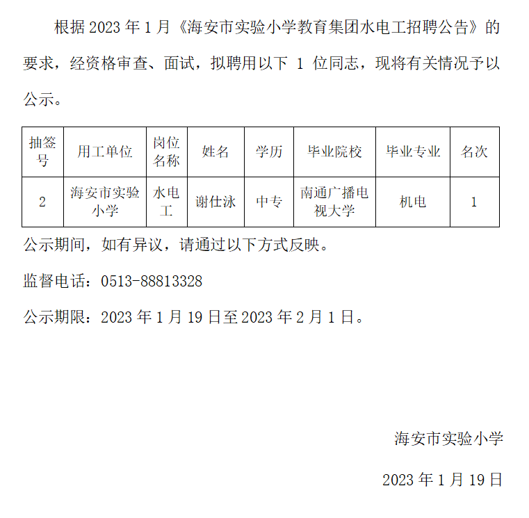 恒信彩教育集团水电工拟聘用人员名单公示